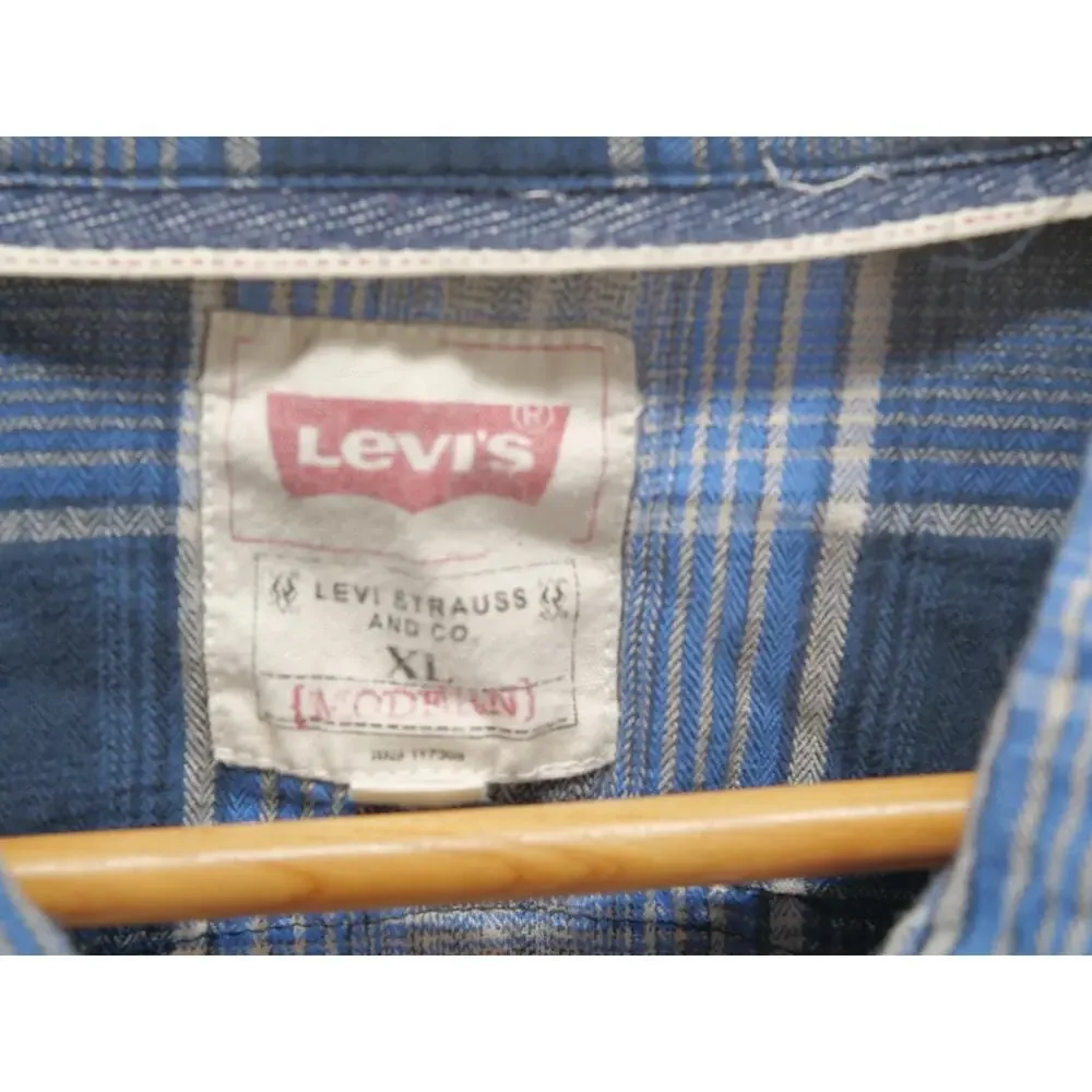 Levis Flannel Shirt Mens XL Blue Plaid Long Sleeve Button Up Pearl BTN